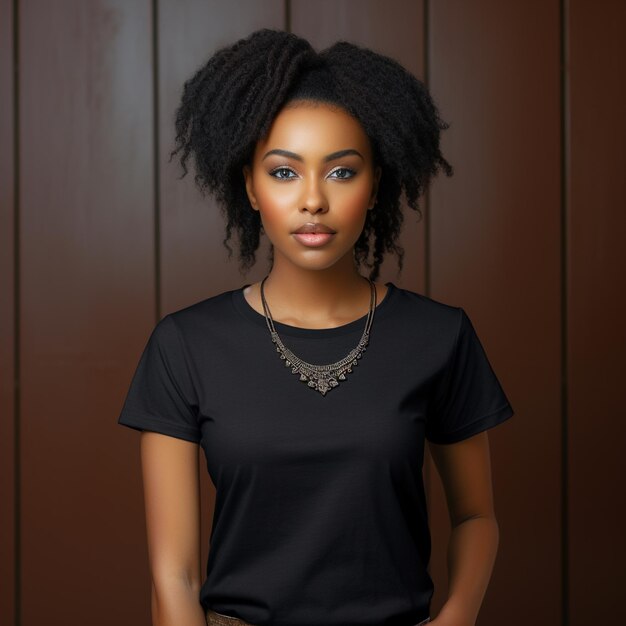 Photo une belle femme afro-américaine portant un t-shirt noir pour une maquette