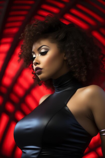 Photo belle femme afro-américaine en robe de cuir noir sur fond rouge