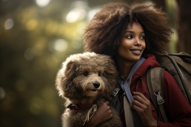 Belle femme afro-américaine avec sac à dos et chien dans le parc