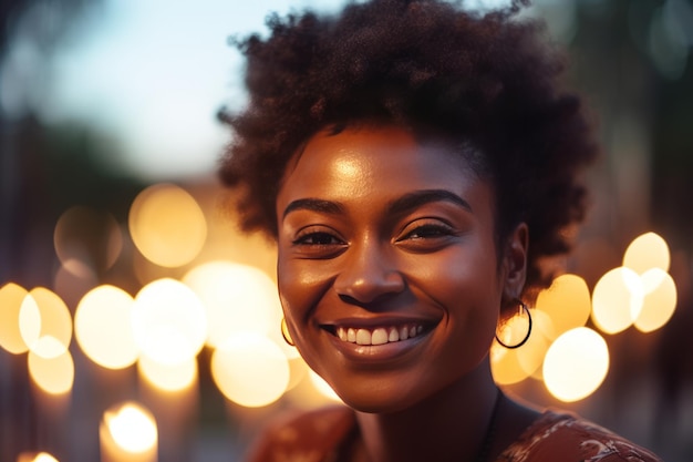 Une belle femme afro-américaine souriante à la lumière du soleil doré