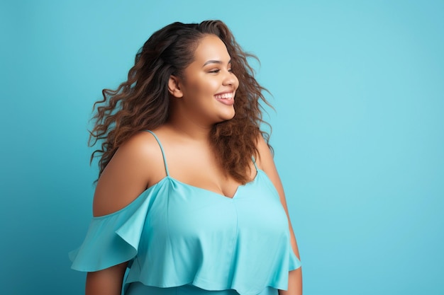 Belle femme afro-américaine taille plus souriante sur fond bleu clair