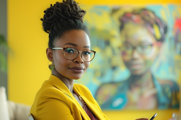 Une belle femme afro-américaine tenant un téléphone portable et assise dans un bureau.