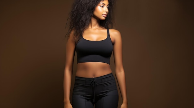 Belle femme afro-américaine en vêtements de sport sur fond marron