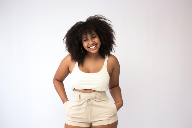 belle femme afro bien roulée en short et débardeur souriant sur la photographie de fond blanc