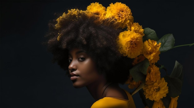 Une belle femme afro avec des fleurs jaunes sur la tête