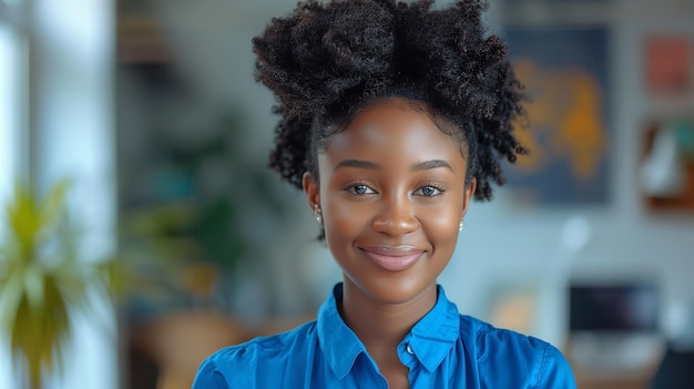 Belle femme afro de forme ronde avec un sourire dans un bureau vêtue de bleu Generative Ai