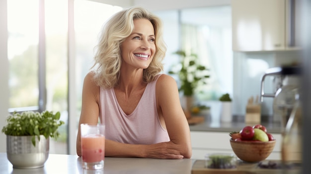 Belle femme d'âge moyen est assise dans la cuisine de sa maison et sourit tout en tenant un verre de smoothie dans ses mains