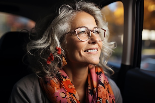 une belle femme âgée de 50 ans avec des accessoires brillants et des boucles d'oreilles dans une veste