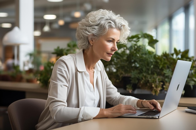 une belle femme âgée aux cheveux blancs gris et aux lunettes assise à un ordinateur portable dans un bureau