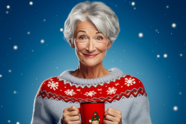 Une belle femme âgée aux cheveux gris courts et une tasse de café portant un pull de Noël avec un fond bleu