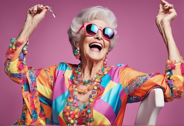 belle femme âgée avec des cheveux bleus et des lunettes de soleil avec un sourire heureux et frais sur son visage portant