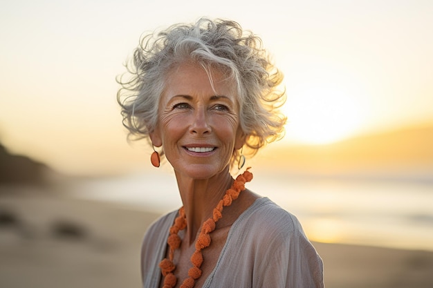 Belle femme âgée debout et regardant le ciel au bord de la mer au coucher du soleil