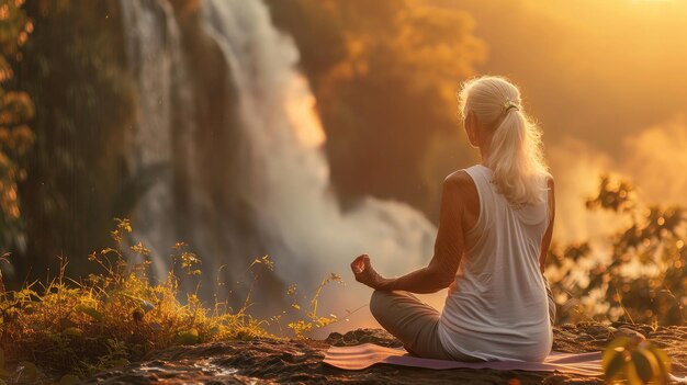 une belle femme âgée faisant du yoga dans la nature sur le fond d'une cascade et d'un coucher de soleil