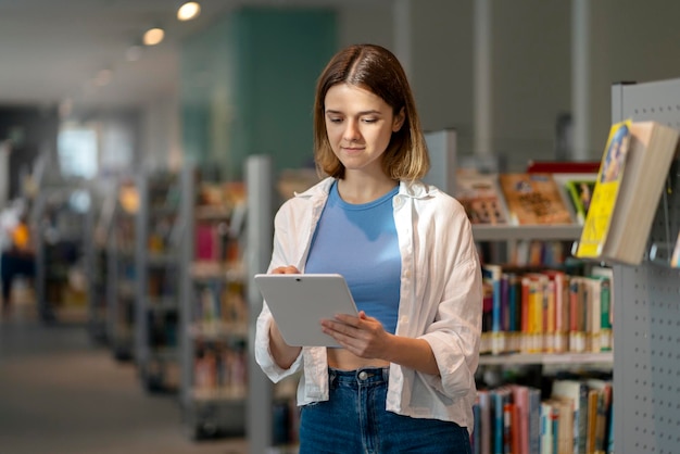 Belle femme à l'aide de tablette numérique, recherche en ligne. Étudiante en bibliothèque, concept d'éducation