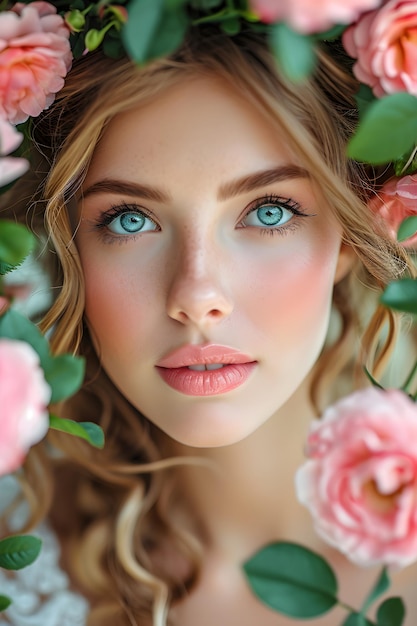 Belle femme allongée dans des fleurs Portrait de fille fantastique Concept de procédure de soins de la peau et de spa