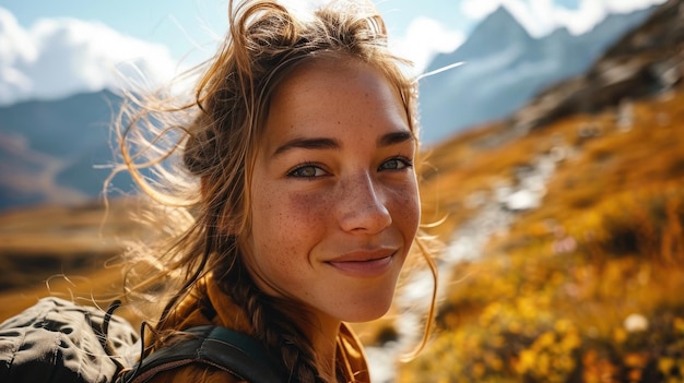 Une belle femme américaine fait un selfie sur la montagne.