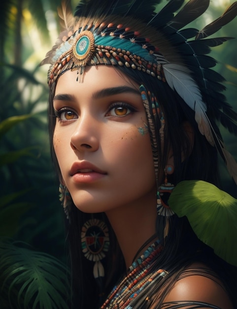Belle femme amérindienne avec des plumes sur la tête