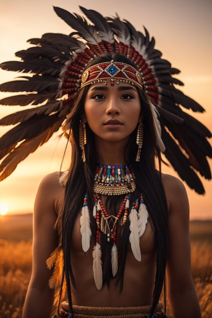 Belle femme amérindienne sexy en costume tribal traditionnel