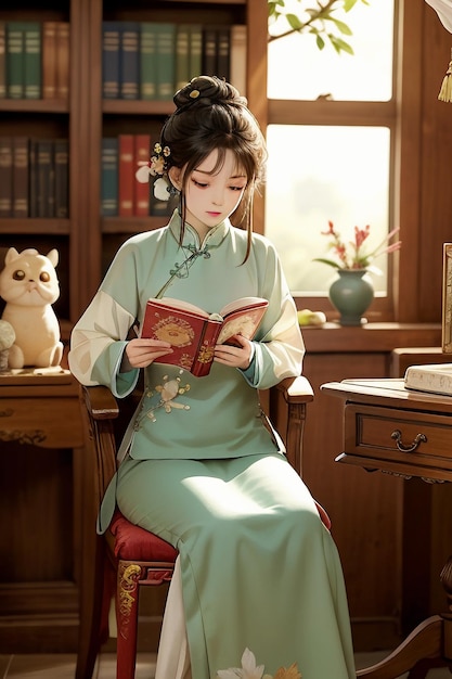 Une belle femme ancienne en vert chinois Hanfu cheongsam lisant un livre dans le bureau