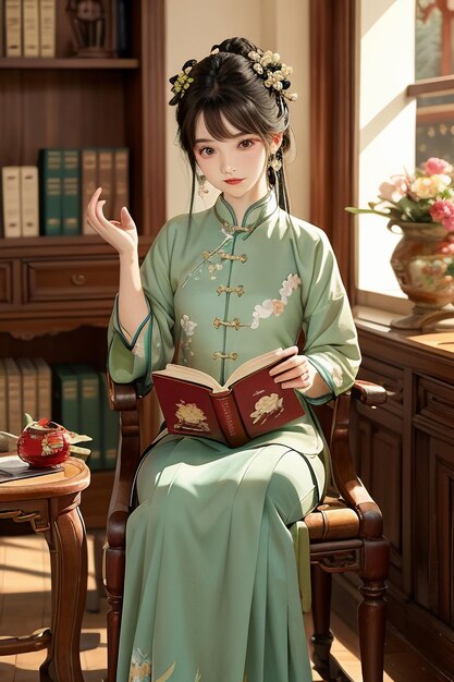 Une belle femme ancienne en vert chinois Hanfu cheongsam lisant un livre dans le bureau