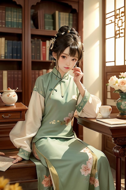 Une belle femme ancienne en vert chinois Hanfu cheongsam lisant un livre dans le bureau