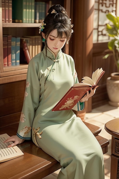 Une belle femme ancienne en vert chinois Hanfu cheongsam lisant un livre dans le bureau