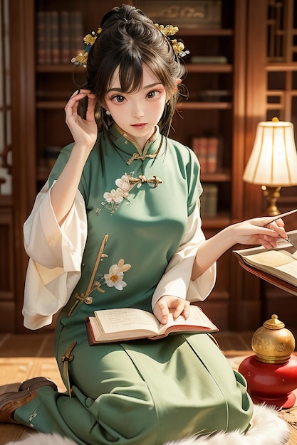 Une belle femme ancienne en vert chinois Hanfu cheongsam lisant un livre dans le bureau