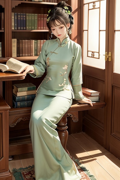 Une belle femme ancienne en vert chinois Hanfu cheongsam lisant un livre dans le bureau