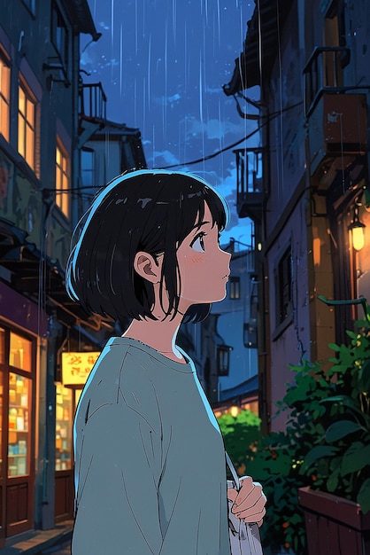 Photo une belle femme d'anime avec des cheveux courts regardant vers le bas en profil la nuit sous la pluie