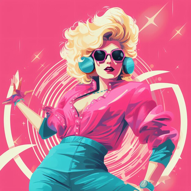 Belle femme des années 80 dans le style synthwave rétro à ondes lumineuses illustration au néon colorée
