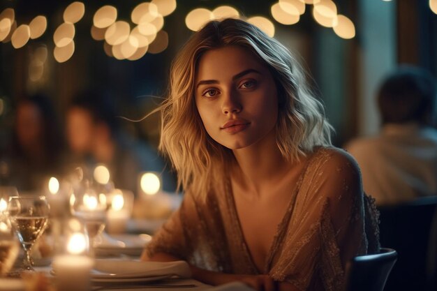 Une belle femme apprécie un dîner avec des amis lors d'une fête nocturne