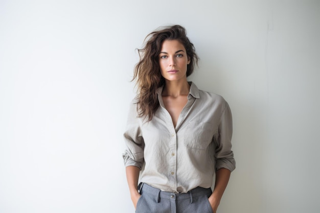 Belle femme appuyée contre un mur blanc