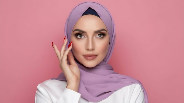 Une belle femme arabe en pastel posant dans un hijab élégant, un concept de style de beauté de mode isolé.