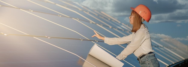 Belle femme architecte examinant une ébauche de carte ou un plan de projet Activité de travailleur regardant dans une ferme de cellules photovoltaïques ou un champ de panneaux solaires