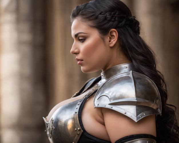 Photo une belle femme en armure devant un bâtiment.