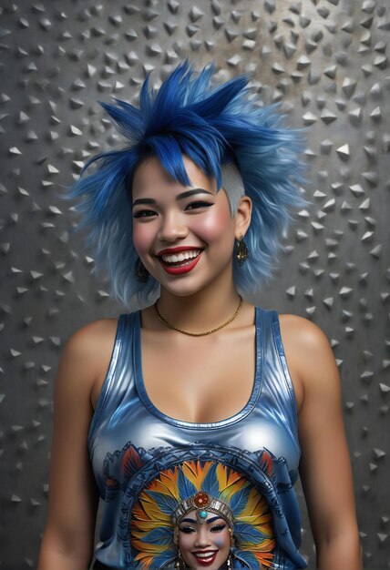 Une belle femme asiatique aux cheveux bleus et au maquillage brillant sur fond métallique.