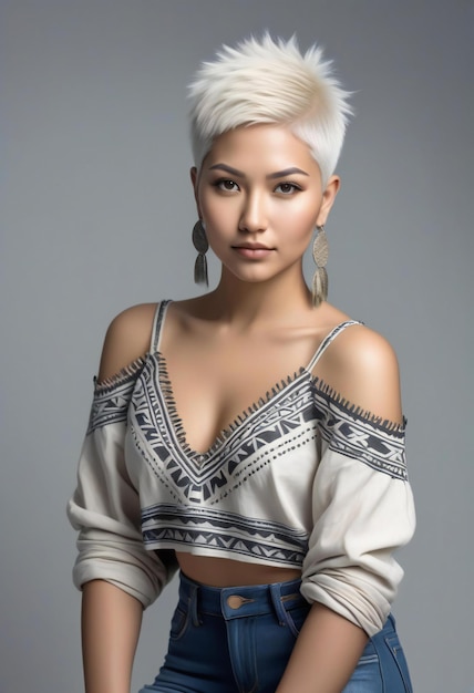 Une belle femme asiatique aux cheveux courts et blancs sur un fond gris.