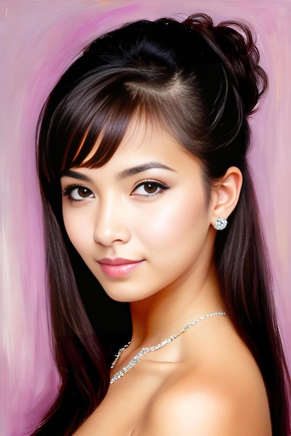 Une belle femme asiatique aux cheveux longs et lisses et au maquillage brillant.