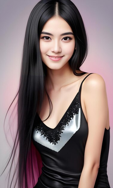 Une belle femme asiatique aux cheveux longs et lisses en studio.