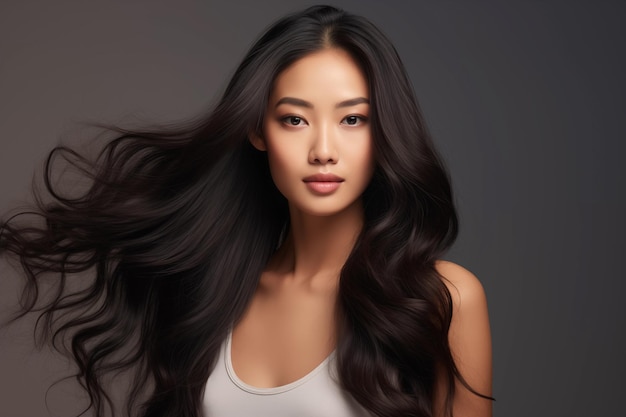 Belle femme asiatique aux cheveux ondulés longs et brillants regardant la caméra sur le fond gris