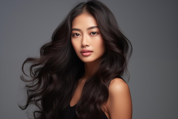 Belle femme asiatique aux cheveux ondulés longs et brillants regardant la caméra sur le fond gris