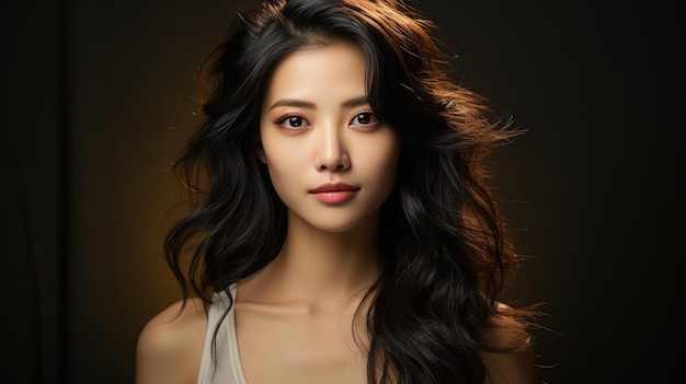 Belle femme asiatique aux longs cheveux bouclés bruns sur fond gris