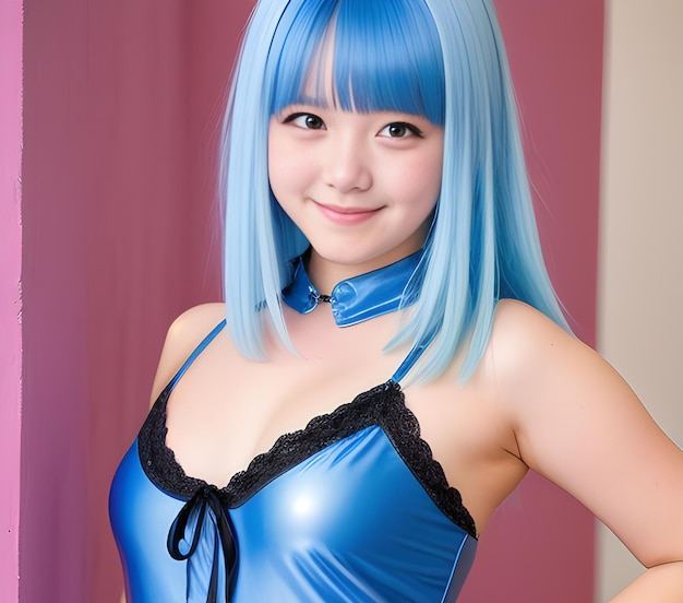 Une belle femme asiatique avec un corset bleu et des cheveux bleus.