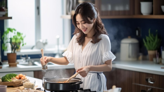 Une belle femme asiatique cuisinant dans la cuisine avec un sourire