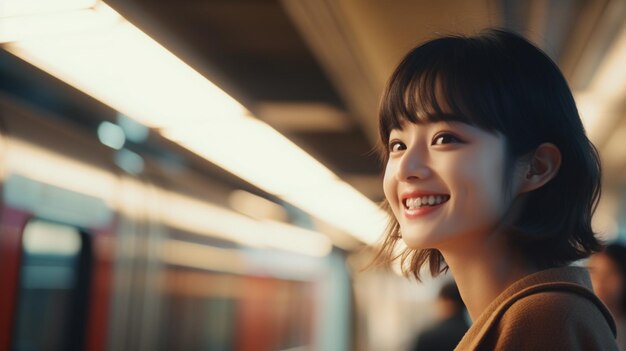 Une belle femme asiatique dans une gare.