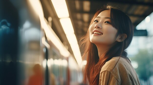 Une belle femme asiatique dans une gare.