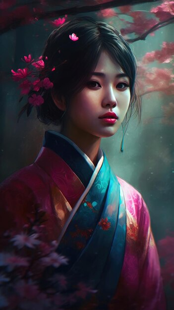 Belle femme asiatique en fleur de sakura Generative AI