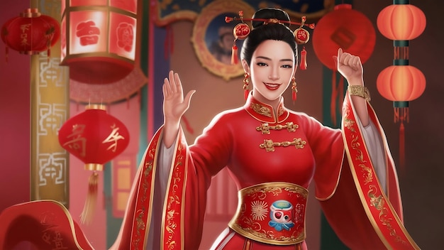 Une belle femme asiatique avec un geste de félicitations pour le Nouvel An chinois