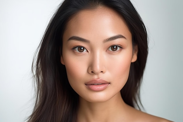 Belle femme asiatique en gros plan sur son visage avec une peau lisse regarder la caméra sur un blanc