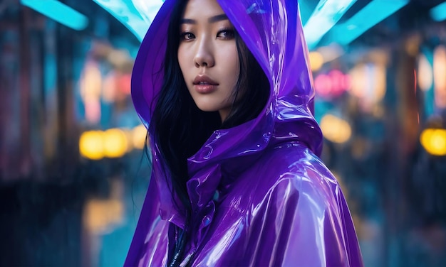 Une belle femme asiatique en imperméable violet se promène dans la ville.